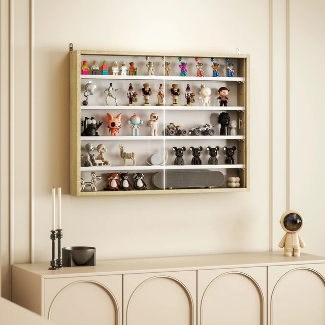 Alt view image 2 of 7 - 5 Tier Display Cabinet, Glass Door Cabinet with Adjustable Shelves Wall-Mounted Display Case for Playroom, Oak