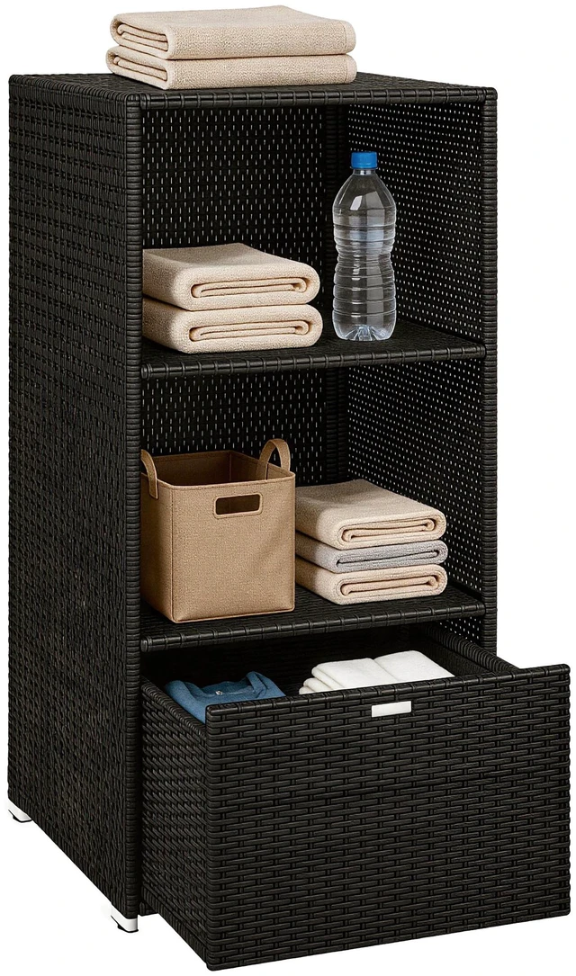 Main image of Valet Pool Towel Rack, Water Resistant Plastic Rattan Wicker Storage Organizer Indoor Outdoor Spa and Tub Accessory
