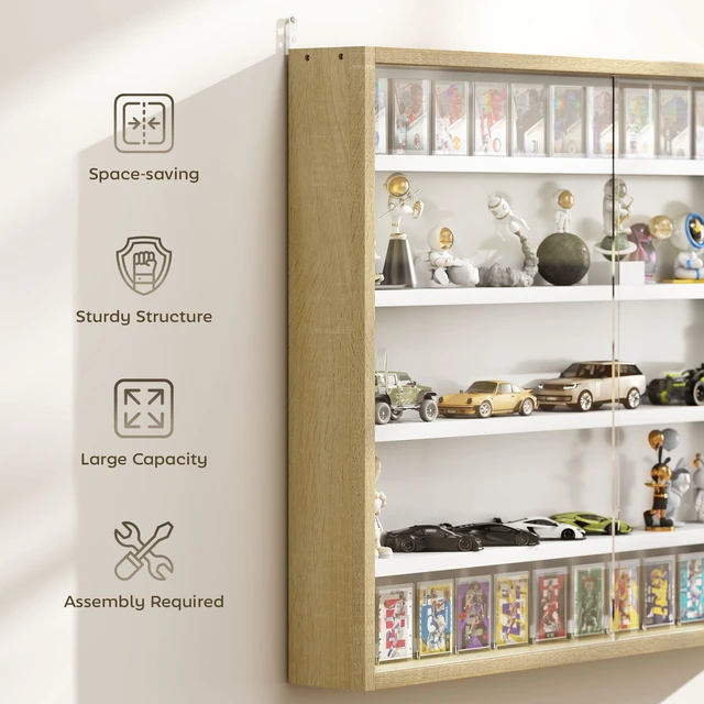 Alt view image 4 of 7 - 5 Tier Display Cabinet, Glass Door Cabinet with Adjustable Shelves Wall-Mounted Display Case for Playroom, Oak