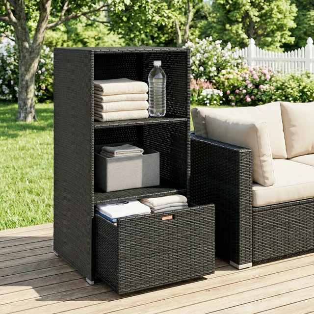 Alt view image 3 of 7 - Valet Pool Towel Rack, Water Resistant Plastic Rattan Wicker Storage Organizer Indoor Outdoor Spa and Tub Accessory