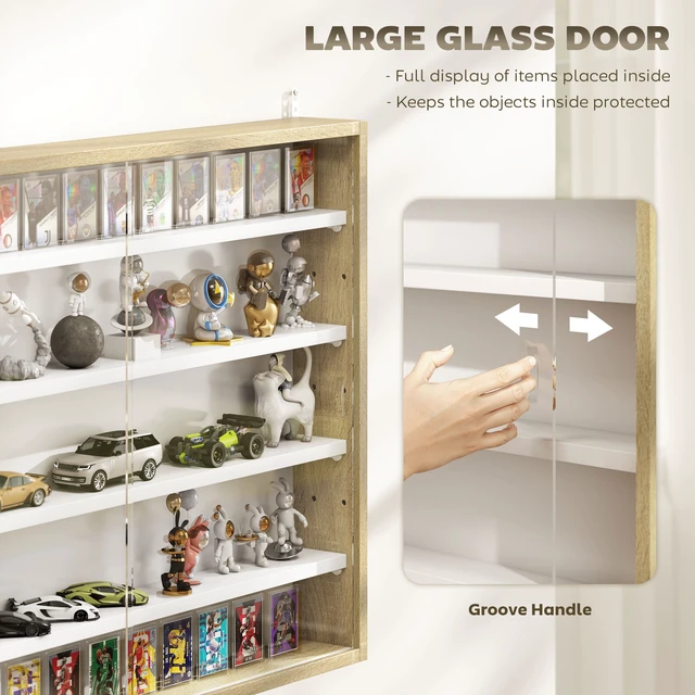 Alt view image 5 of 7 - 5 Tier Display Cabinet, Glass Door Cabinet with Adjustable Shelves Wall-Mounted Display Case for Playroom, Oak