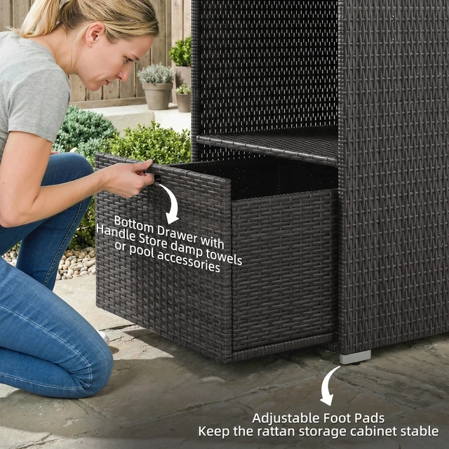 Alt view image 4 of 7 - Valet Pool Towel Rack, Water Resistant Plastic Rattan Wicker Storage Organizer Indoor Outdoor Spa and Tub Accessory