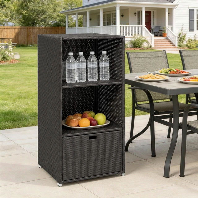 Alt view image 2 of 7 - Valet Pool Towel Rack, Water Resistant Plastic Rattan Wicker Storage Organizer Indoor Outdoor Spa and Tub Accessory