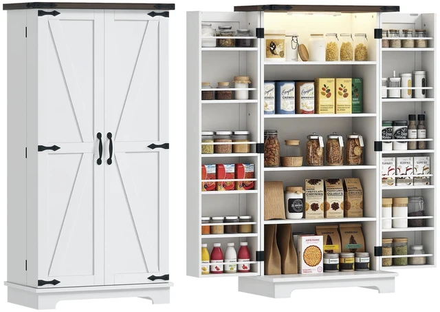 Main image of 47 Inch LED Kitchen Pantry Cabinet, Storage Cabinet with Deep Shelves and 12 Door Shelves Freestanding Food Pantry