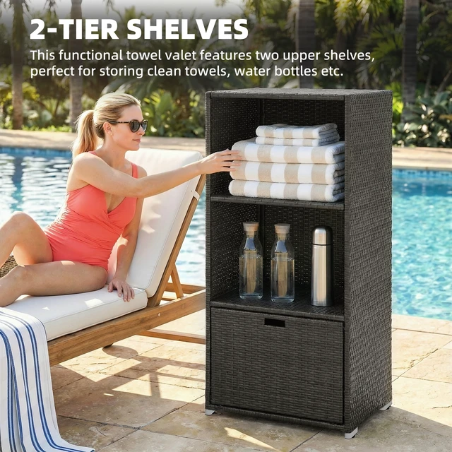 Alt view image 6 of 7 - Valet Pool Towel Rack, Water Resistant Plastic Rattan Wicker Storage Organizer Indoor Outdoor Spa and Tub Accessory