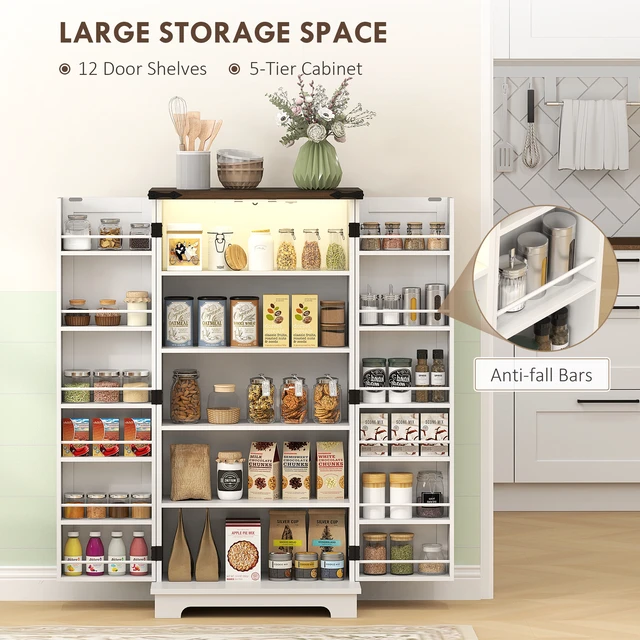 Alt view image 4 of 7 - 47 Inch LED Kitchen Pantry Cabinet, Storage Cabinet with Deep Shelves and 12 Door Shelves Freestanding Food Pantry