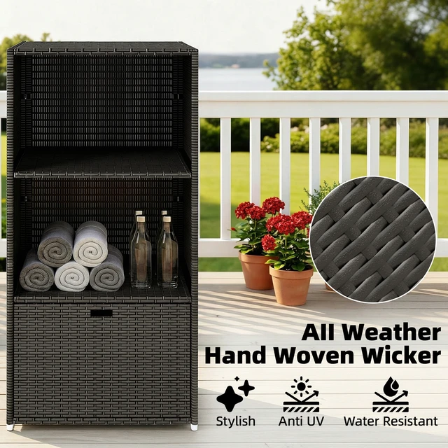 Alt view image 5 of 7 - Valet Pool Towel Rack, Water Resistant Plastic Rattan Wicker Storage Organizer Indoor Outdoor Spa and Tub Accessory