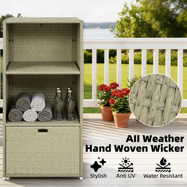 Alt view image 5 of 7 - Valet Pool Towel Rack, Water Resistant Plastic Rattan Wicker Storage Organizer Indoor Outdoor Spa and Tub Accessory