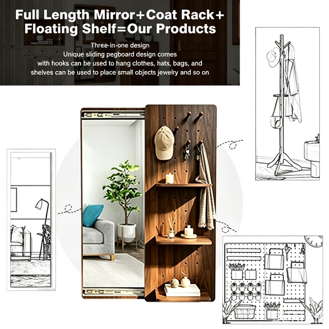 Alt view image 3 of 7 - Full Length Mirror with Storage, Mirror with Storage Wall Mounted Full Length Wall Sliding Pegboard with Shelves