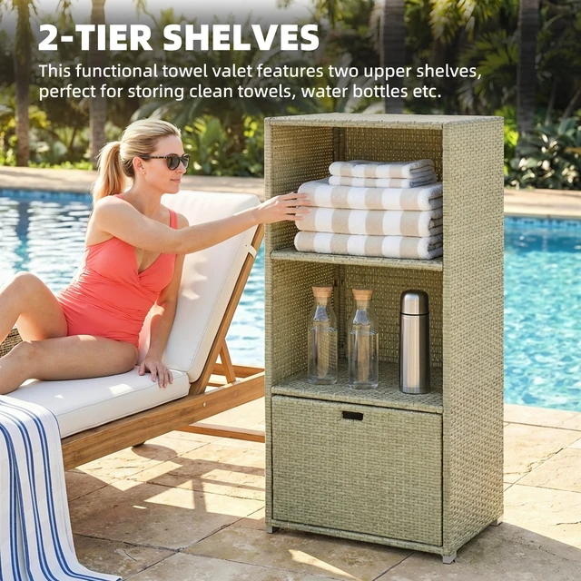 Alt view image 6 of 7 - Valet Pool Towel Rack, Water Resistant Plastic Rattan Wicker Storage Organizer Indoor Outdoor Spa and Tub Accessory