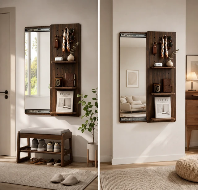 Alt view image 5 of 7 - Full Length Mirror with Storage, Mirror with Storage Wall Mounted Full Length Wall Sliding Pegboard with Shelves