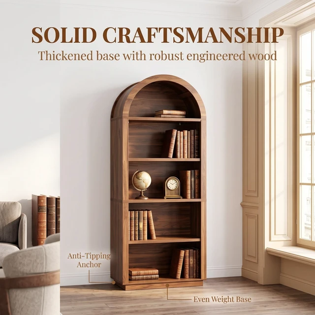 Alt view image 3 of 7 - Arched Bookshelf 75.6 Inch Tall Bookshelf, 5 Tier Arched Bookcase with Adjustable Shelves Wooden for Living Display