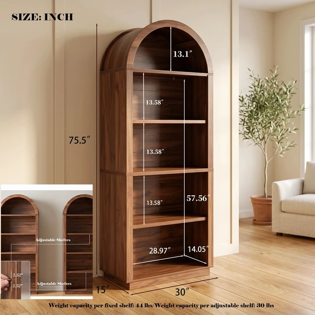Alt view image 2 of 7 - Arched Bookshelf 75.6 Inch Tall Bookshelf, 5 Tier Arched Bookcase with Adjustable Shelves Wooden for Living Display