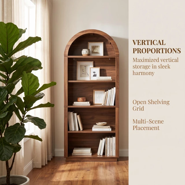 Alt view image 5 of 7 - Arched Bookshelf 75.6 Inch Tall Bookshelf, 5 Tier Arched Bookcase with Adjustable Shelves Wooden for Living Display