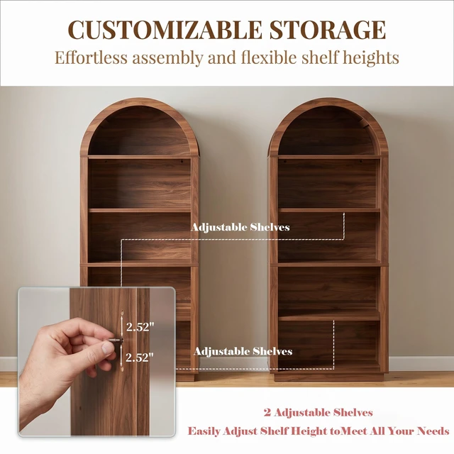 Alt view image 7 of 7 - Arched Bookshelf 75.6 Inch Tall Bookshelf, 5 Tier Arched Bookcase with Adjustable Shelves Wooden for Living Display