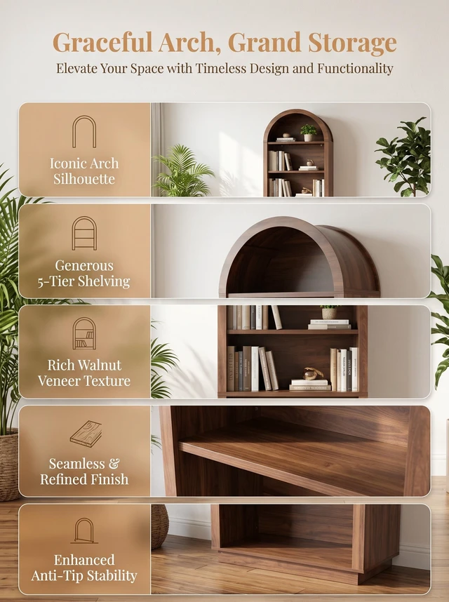 Alt view image 6 of 7 - Arched Bookshelf 75.6 Inch Tall Bookshelf, 5 Tier Arched Bookcase with Adjustable Shelves Wooden for Living Display