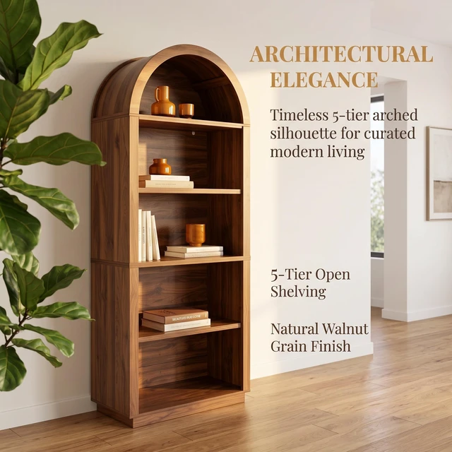 Alt view image 4 of 7 - Arched Bookshelf 75.6 Inch Tall Bookshelf, 5 Tier Arched Bookcase with Adjustable Shelves Wooden for Living Display