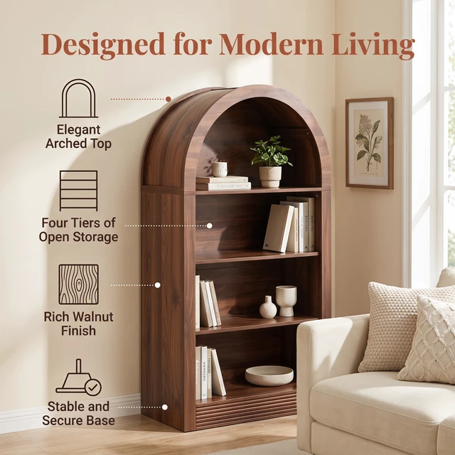 Alt view image 3 of 7 - Arched Bookshelf 47.6 Inch Bookshelf, 4 Tier Bookcase Arched Bookcase Arch with Open Storage Display Shelf for Living