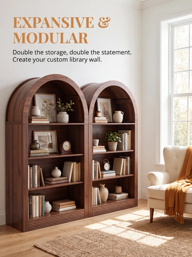 Alt view image 5 of 7 - Arched Bookshelf 47.6 Inch Bookshelf, 4 Tier Bookcase Arched Bookcase Arch with Open Storage Display Shelf for Living