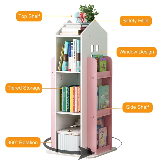 Alt view image 2 of 7 - 4 Tier Rotating Bookshelf, 360° Display Book Shelf Floor Standing Bookcase Children Bookshelves for Living Study Color
