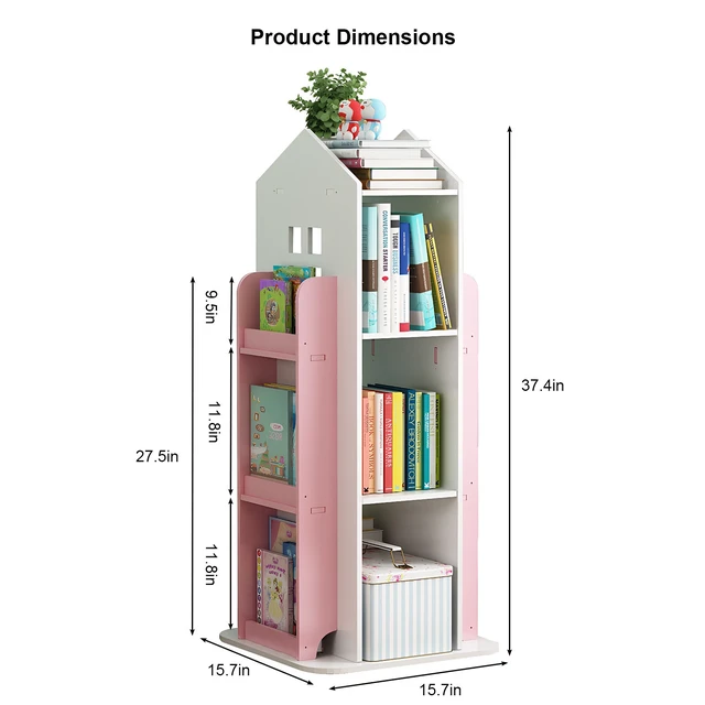 Alt view image 5 of 7 - 4 Tier Rotating Bookshelf, 360° Display Book Shelf Floor Standing Bookcase Children Bookshelves for Living Study Color