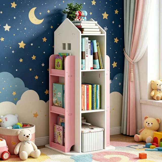 Alt view image 4 of 7 - 4 Tier Rotating Bookshelf, 360° Display Book Shelf Floor Standing Bookcase Children Bookshelves for Living Study Color