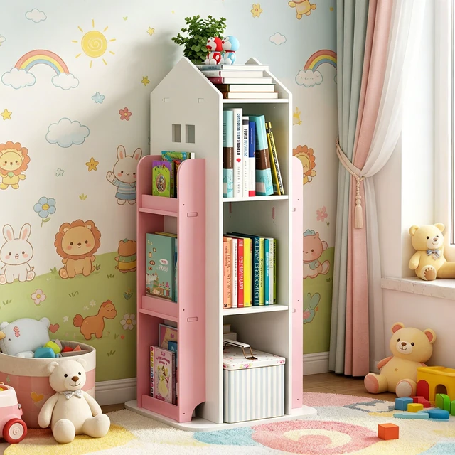 Alt view image 3 of 7 - 4 Tier Rotating Bookshelf, 360° Display Book Shelf Floor Standing Bookcase Children Bookshelves for Living Study Color