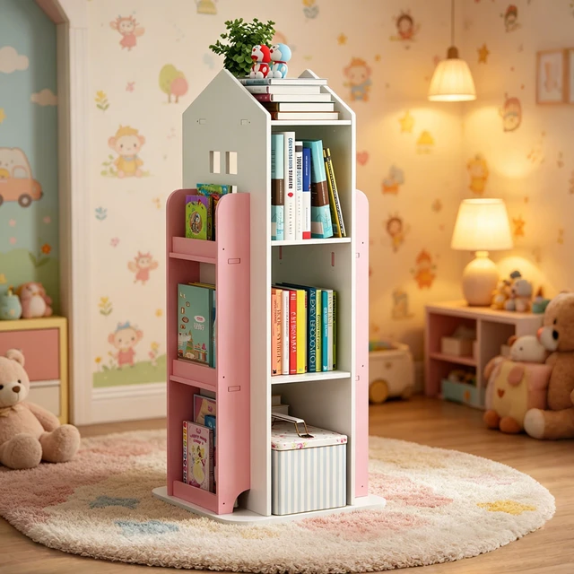 Alt view image 6 of 7 - 4 Tier Rotating Bookshelf, 360° Display Book Shelf Floor Standing Bookcase Children Bookshelves for Living Study Color