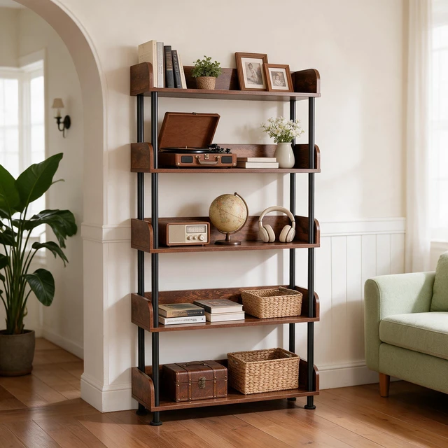 Main image of 5 Tier Bookshelf, Open Bookcase with Metal Frame Freestanding Display Storage Shelving Unit for Living, Walnut, MDF