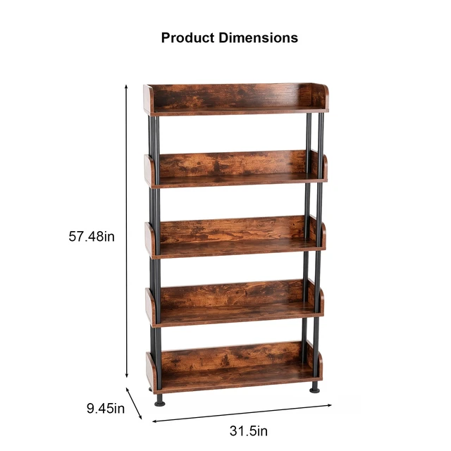 Alt view image 4 of 7 - 5 Tier Bookshelf, Open Bookcase with Metal Frame Freestanding Display Storage Shelving Unit for Living, Walnut, MDF