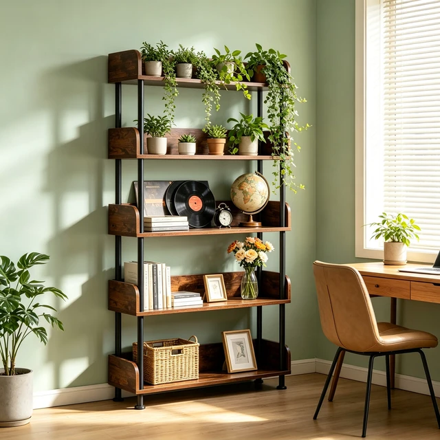 Alt view image 2 of 7 - 5 Tier Bookshelf, Open Bookcase with Metal Frame Freestanding Display Storage Shelving Unit for Living, Walnut, MDF