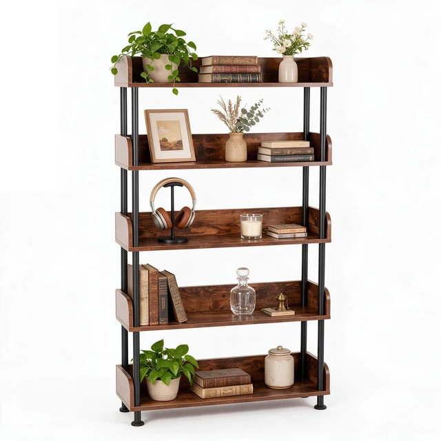 Alt view image 5 of 7 - 5 Tier Bookshelf, Open Bookcase with Metal Frame Freestanding Display Storage Shelving Unit for Living, Walnut, MDF