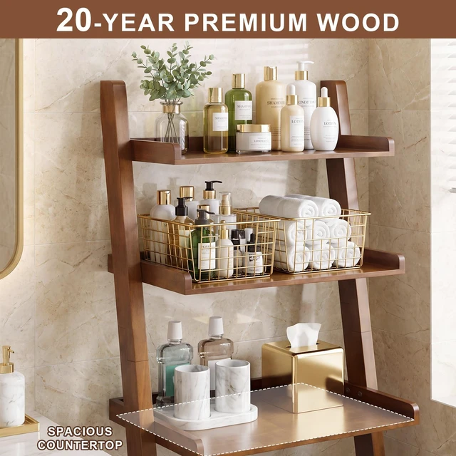 Alt view image 4 of 7 - Solid Over the Toilet Storage Shelf, 3 Tier Freestanding Above Toilet Organizer Leaning Ladder Rack Space Saver