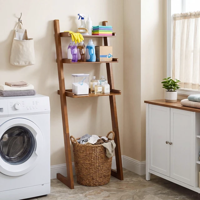Alt view image 3 of 7 - Solid Over the Toilet Storage Shelf, 3 Tier Freestanding Above Toilet Organizer Leaning Ladder Rack Space Saver