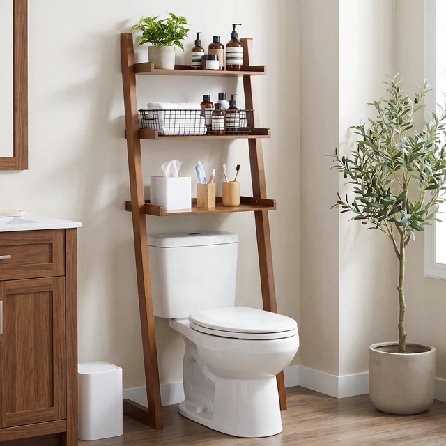Main image of Solid Over the Toilet Storage Shelf, 3 Tier Freestanding Above Toilet Organizer Leaning Ladder Rack Space Saver
