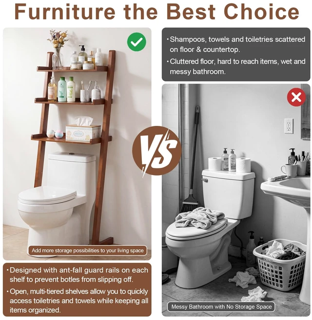 Alt view image 7 of 7 - Solid Over the Toilet Storage Shelf, 3 Tier Freestanding Above Toilet Organizer Leaning Ladder Rack Space Saver