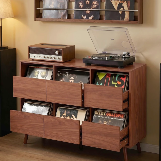 Alt view image 4 of 7 - 47.12 Inch Large Record Player Stand, Mid Century Turntable Stand Player Table with Spacious Storage Vinyl Record