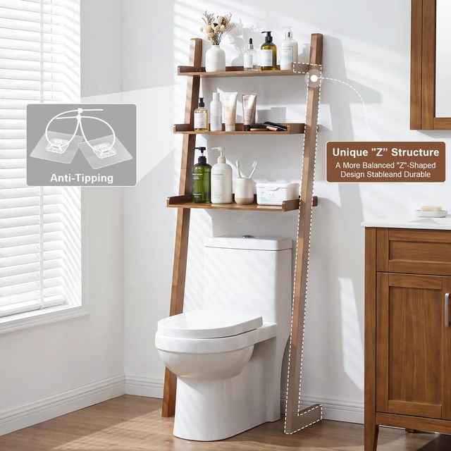 Alt view image 5 of 7 - Solid Over the Toilet Storage Shelf, 3 Tier Freestanding Above Toilet Organizer Leaning Ladder Rack Space Saver