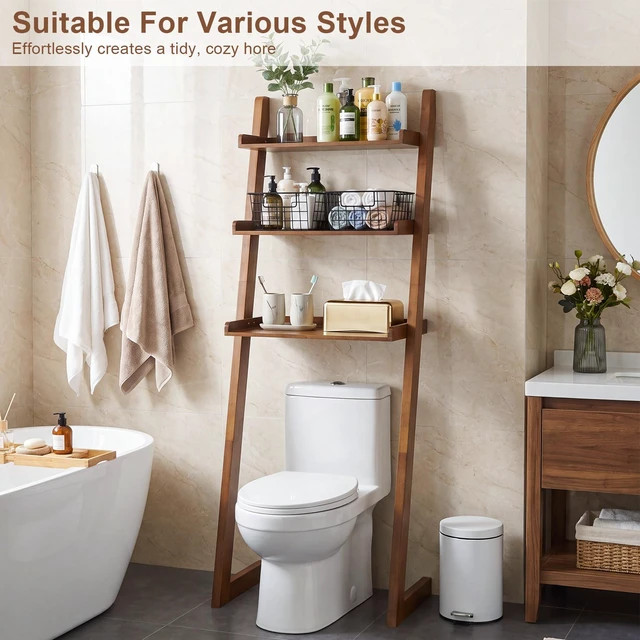 Alt view image 6 of 7 - Solid Over the Toilet Storage Shelf, 3 Tier Freestanding Above Toilet Organizer Leaning Ladder Rack Space Saver