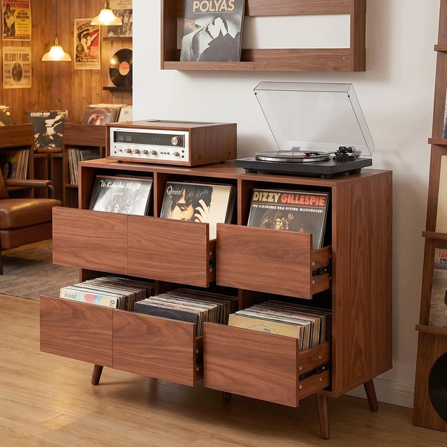 Alt view image 5 of 7 - 47.12 Inch Large Record Player Stand, Mid Century Turntable Stand Player Table with Spacious Storage Vinyl Record