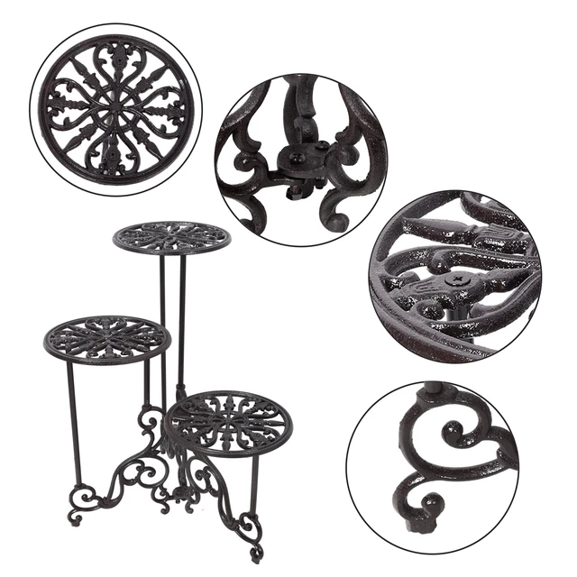 Alt view image 6 of 7 - 3 Tier Cast Iron Plant Stand, Decorative Metal Flower Pot Holder Scrollwork Display Rack Heavy Duty Plant Holder