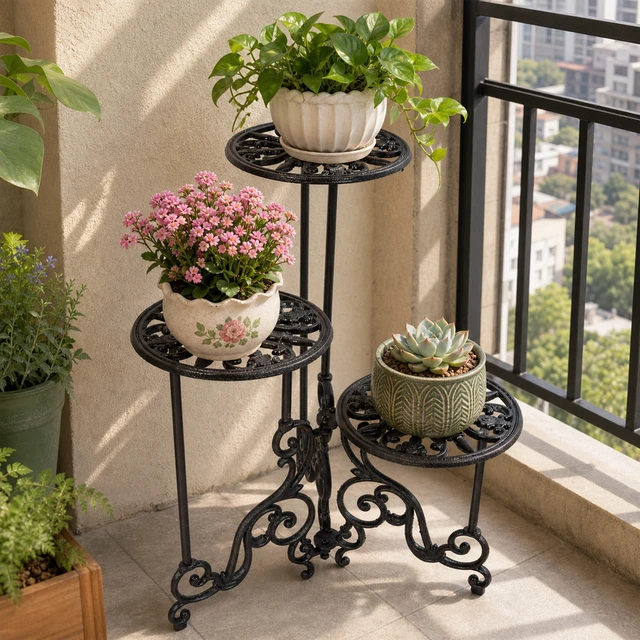 Alt view image 5 of 7 - 3 Tier Cast Iron Plant Stand, Decorative Metal Flower Pot Holder Scrollwork Display Rack Heavy Duty Plant Holder
