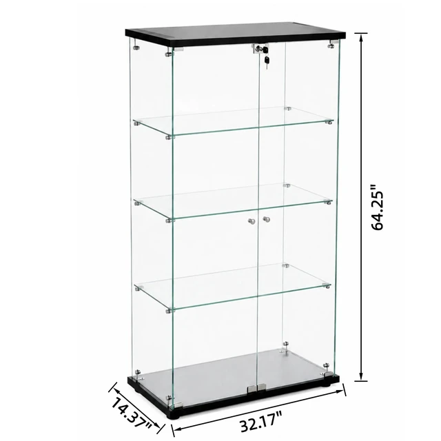 Alt view image 5 of 7 - Framed Glass Display Cabinet, Lockable Double Tempered Glass Doors Adjustable Shelves Standing Collectible Showcase