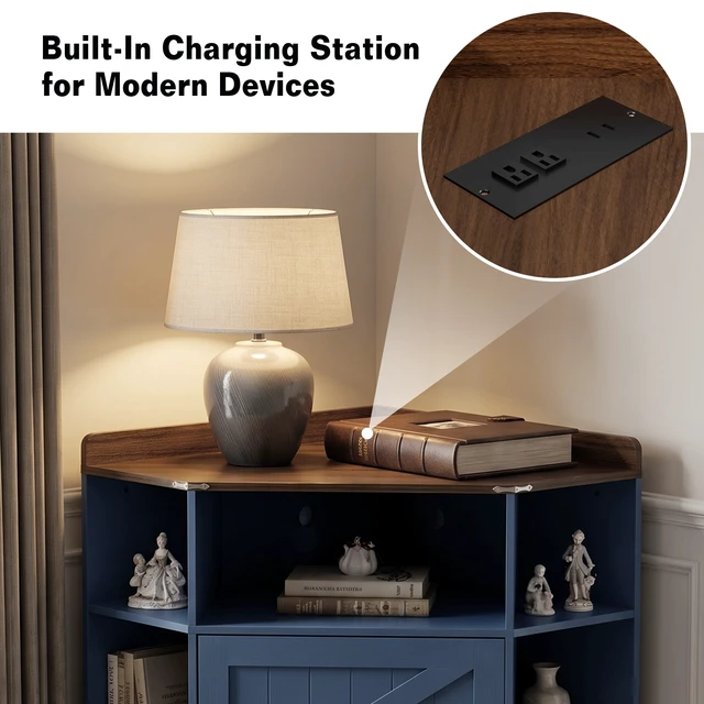 Alt view image 6 of 7 - Corner Cabinet, Corner Storage Shelf with USB Ports and Outlets Organizer for Small Space Wooden Cubby Bookshelf