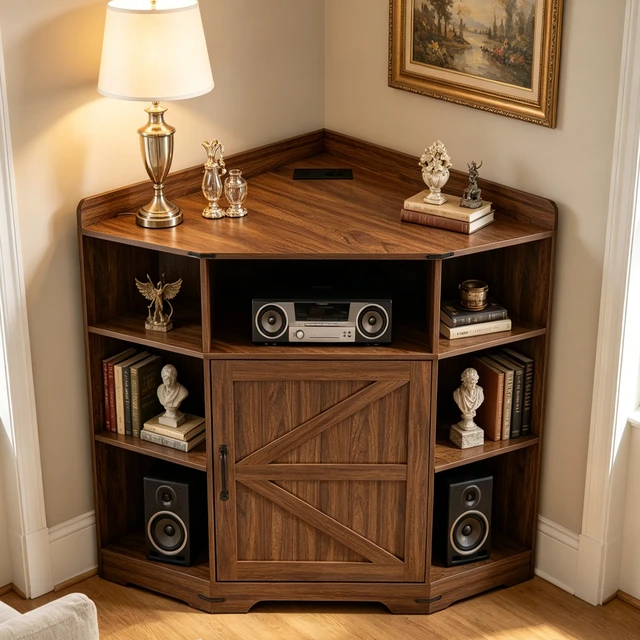 Alt view image 3 of 7 - Corner Cabinet, Corner Storage Shelf with USB Ports and Outlets Organizer for Small Space Wooden Cubby Bookshelf