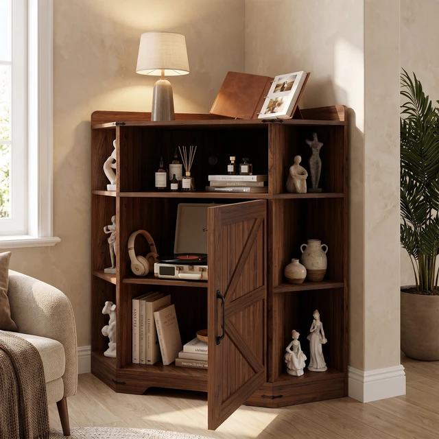 Alt view image 4 of 7 - Corner Cabinet, Corner Storage Shelf with USB Ports and Outlets Organizer for Small Space Wooden Cubby Bookshelf