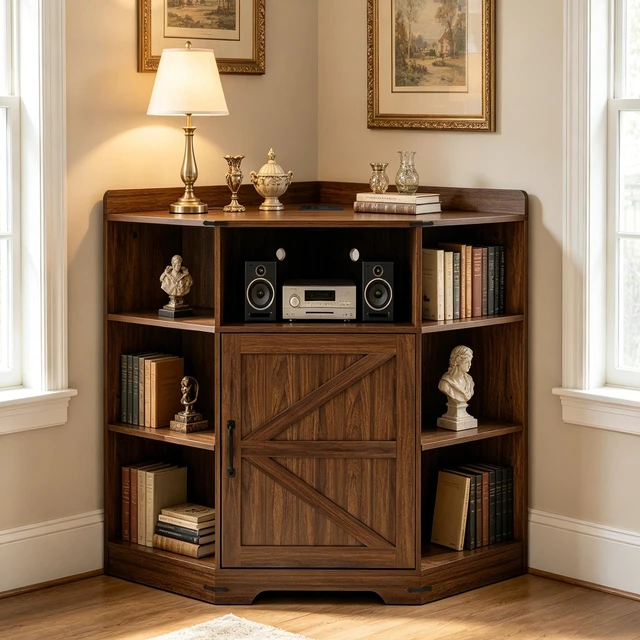 Main image of Corner Cabinet, Corner Storage Shelf with USB Ports and Outlets Organizer for Small Space Wooden Cubby Bookshelf