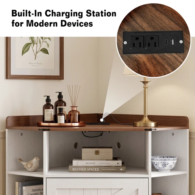 Alt view image 5 of 7 - Corner Cabinet, Corner Storage Shelf with USB Ports and Outlets Organizer for Small Space Wooden Cubby Bookshelf