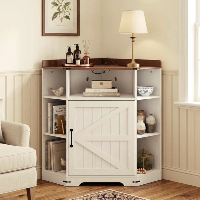 Main image of Corner Cabinet, Corner Storage Shelf with USB Ports and Outlets Organizer for Small Space Wooden Cubby Bookshelf