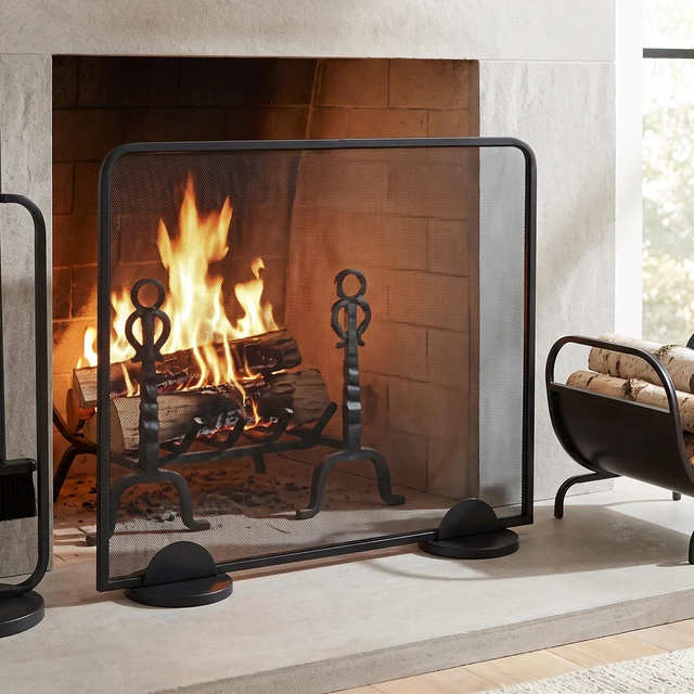 Main image of Freestanding Single Panel Black Metal Fireplace Screen, Heavy Duty Iron Mesh Spark Guard for Indoor Burning Fireplaces